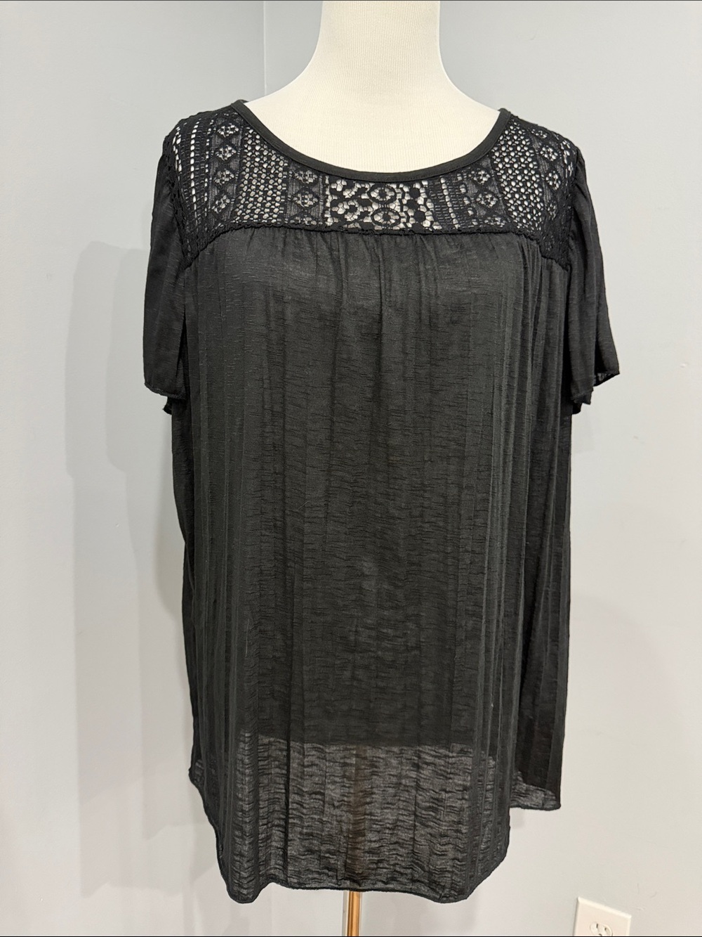 Faded Glory Black Short Sleeve Lace Yoke Top